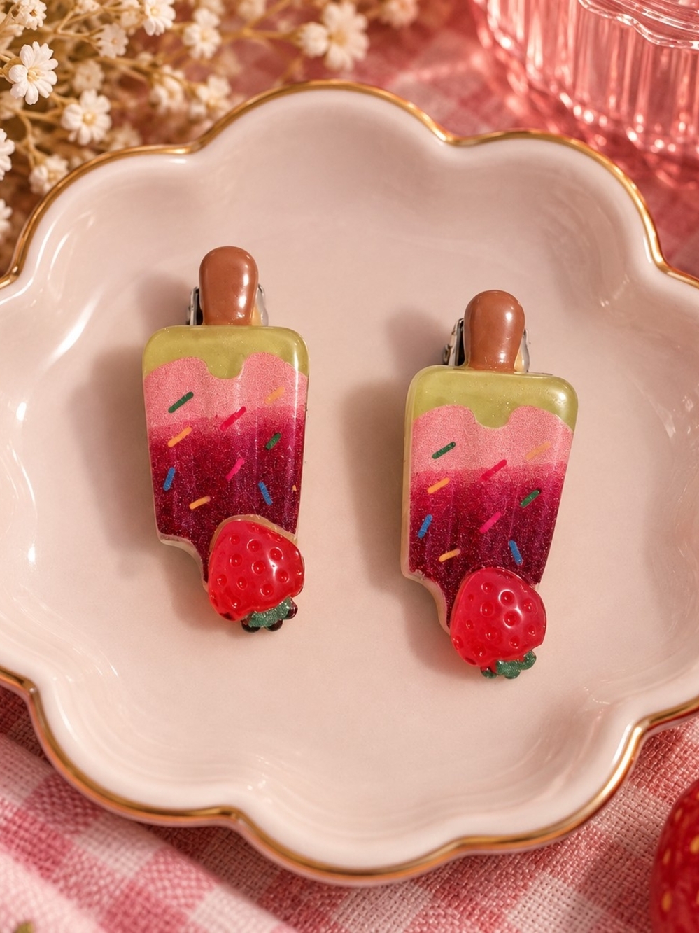 Cute Strawberry Popsicle Hair Clips - Pink & Green New